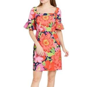 Trina Turk Bold Floral Designer Dress Sheath Flutter Sleeve Scuba Knit Size 2